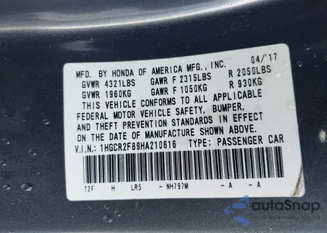2017 Honda Accord Ex-L from USA, damaged, VIN 1HGCR2F89HA210616